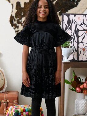 Porter Pleated Velvet Floral Print Dress Size 16, Elegant Pre-Owned Excellent